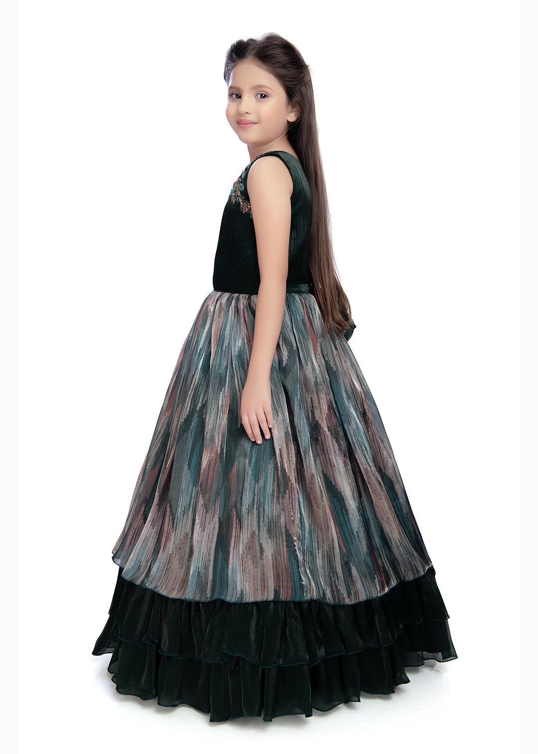 Bottle Green Coloured Tissue Fabric Maxi Length Dress With Layer Style Gown For Girls - Betty Ethnic India - Gown - Betty Girls Wear Online
