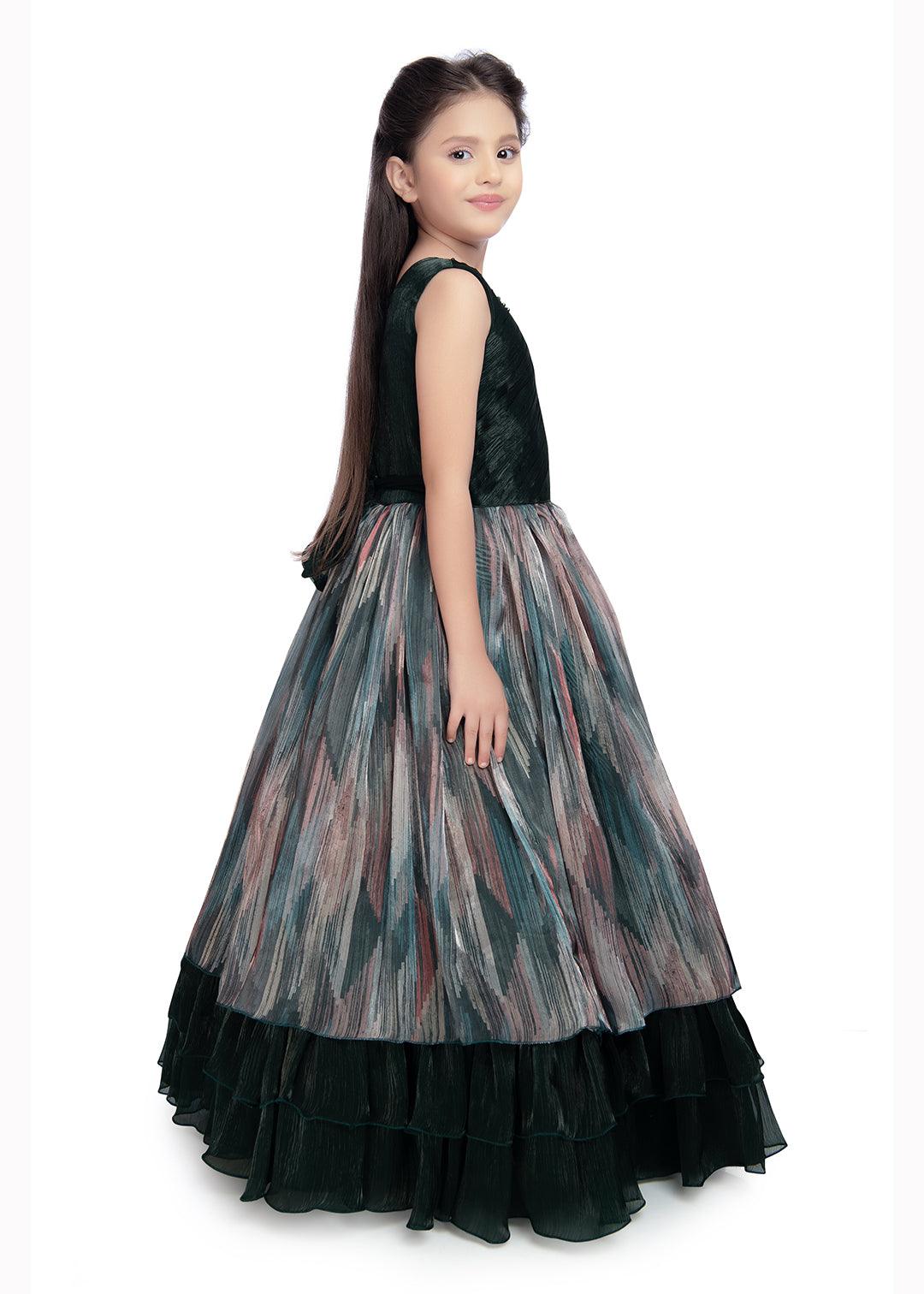 Bottle Green Coloured Tissue Fabric Maxi Length Dress With Layer Style Gown For Girls - Betty Ethnic India - Gown - Betty Girls Wear Online