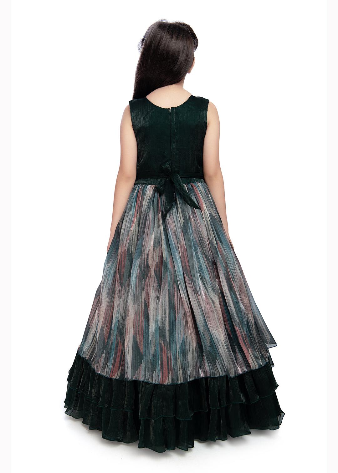 Bottle Green Coloured Tissue Fabric Maxi Length Dress With Layer Style Gown For Girls - Betty Ethnic India - Gown - Betty Girls Wear Online