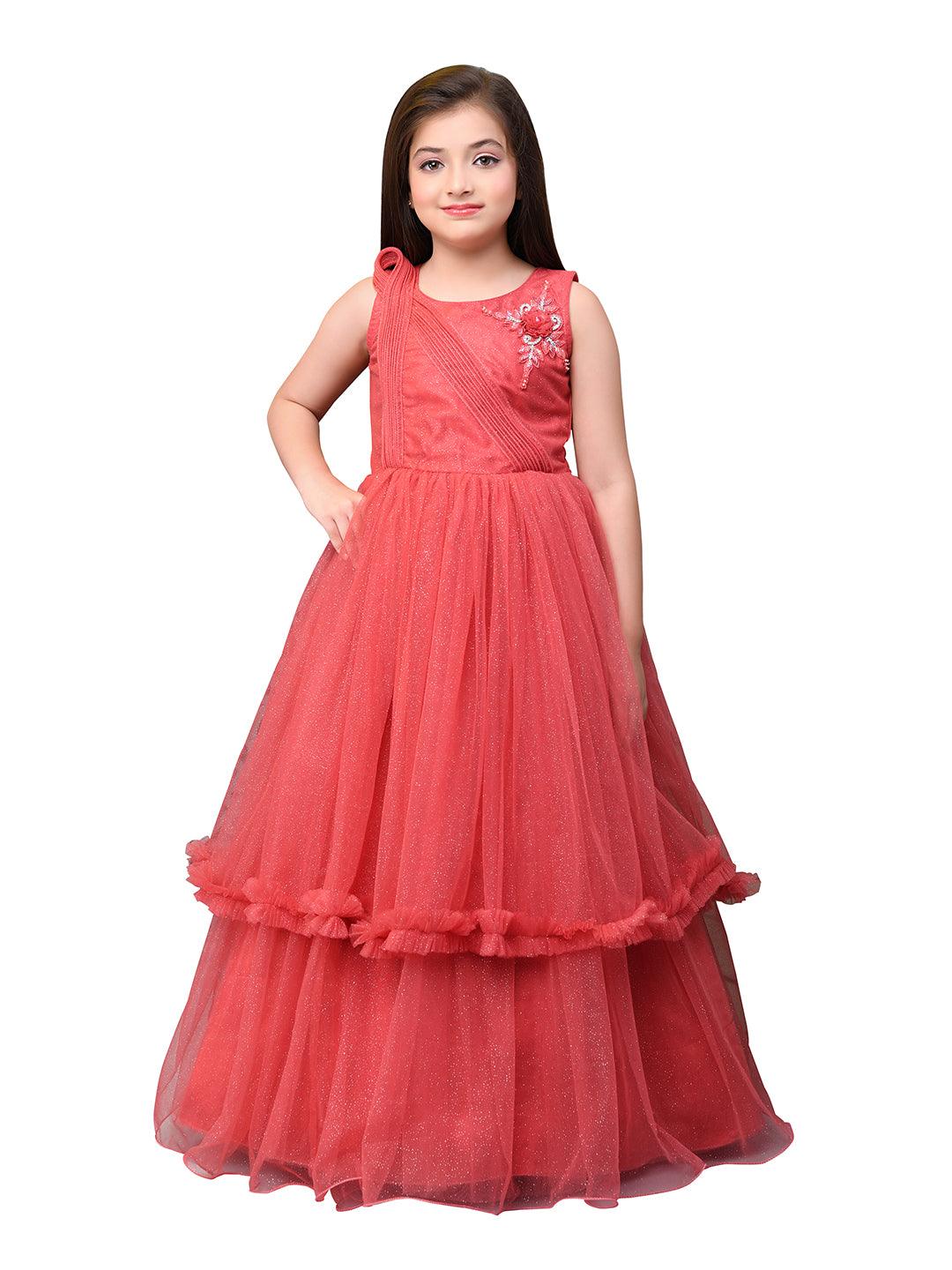 Tomato Coloured Wire Styled Net Maxi Dress Gown For Girls - Betty Ethnic India - Gown - Betty Girls Wear Online