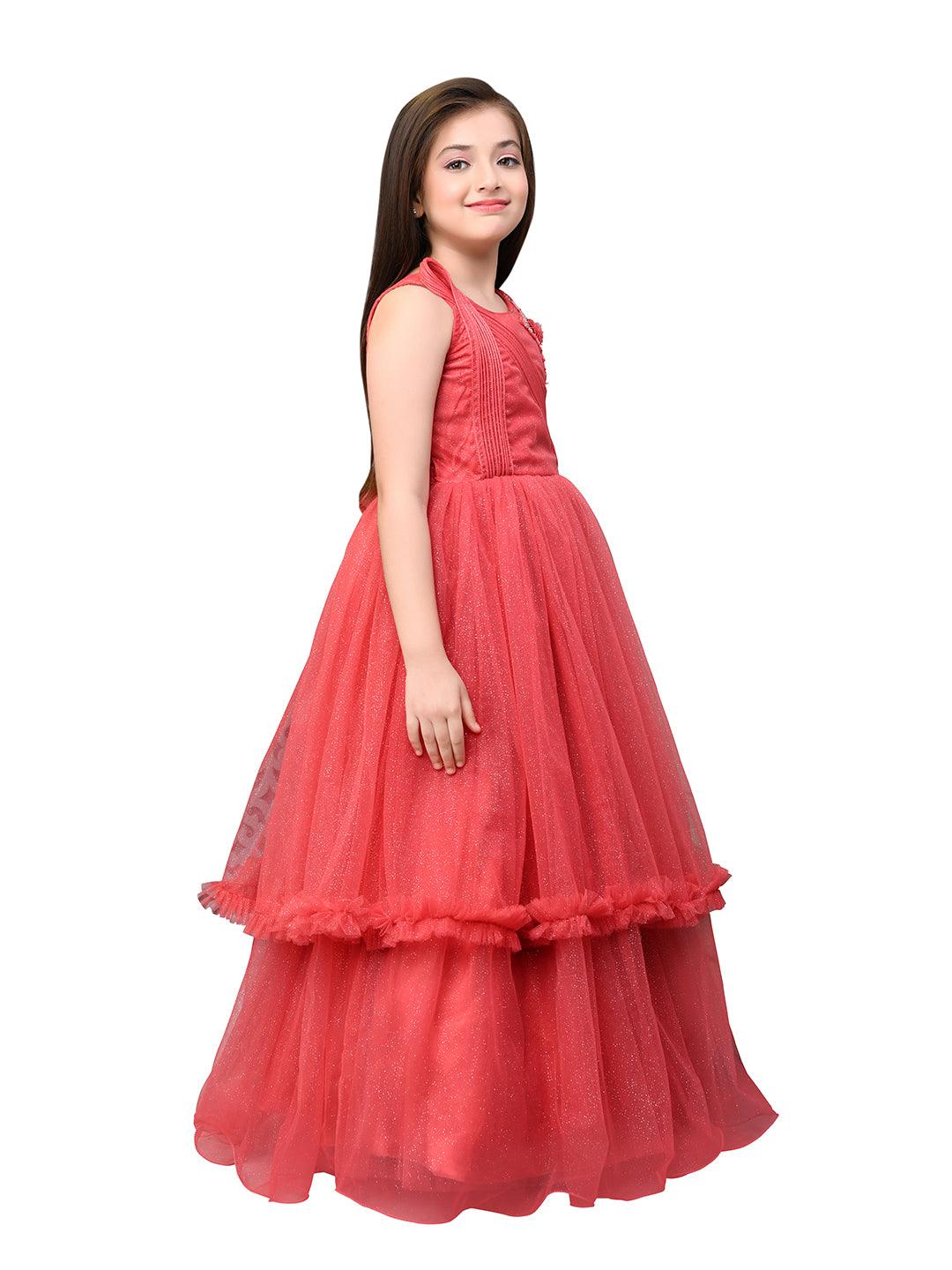 Tomato Coloured Wire Styled Net Maxi Dress Gown For Girls - Betty Ethnic India - Gown - Betty Girls Wear Online