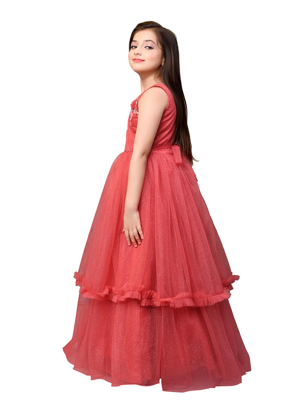 Tomato Coloured Wire Styled Net Maxi Dress Gown For Girls - Betty Ethnic India - Gown - Betty Girls Wear Online