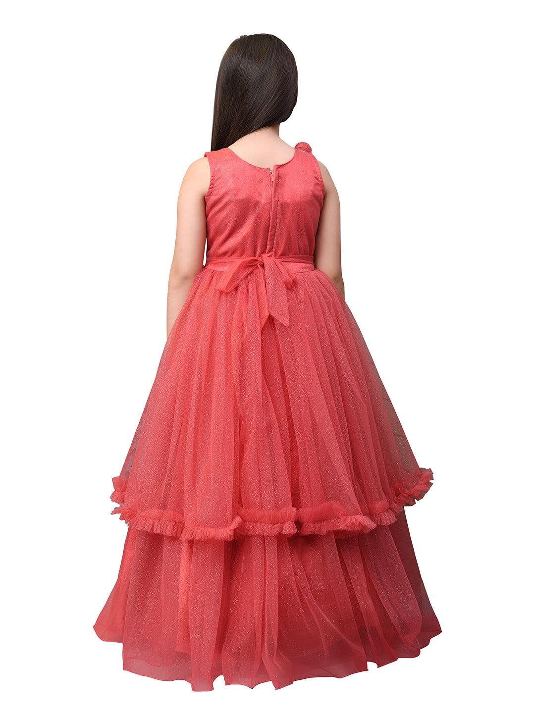 Tomato Coloured Wire Styled Net Maxi Dress Gown For Girls - Betty Ethnic India - Gown - Betty Girls Wear Online