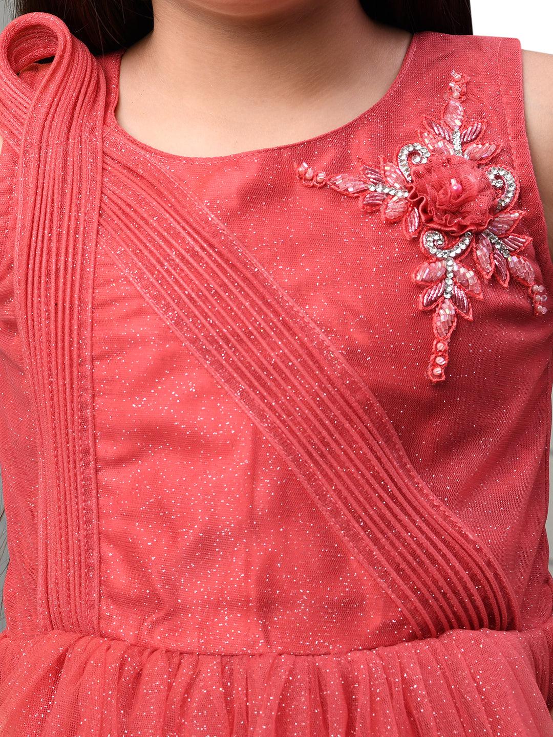 Tomato Coloured Wire Styled Net Maxi Dress Gown For Girls - Betty Ethnic India - Gown - Betty Girls Wear Online
