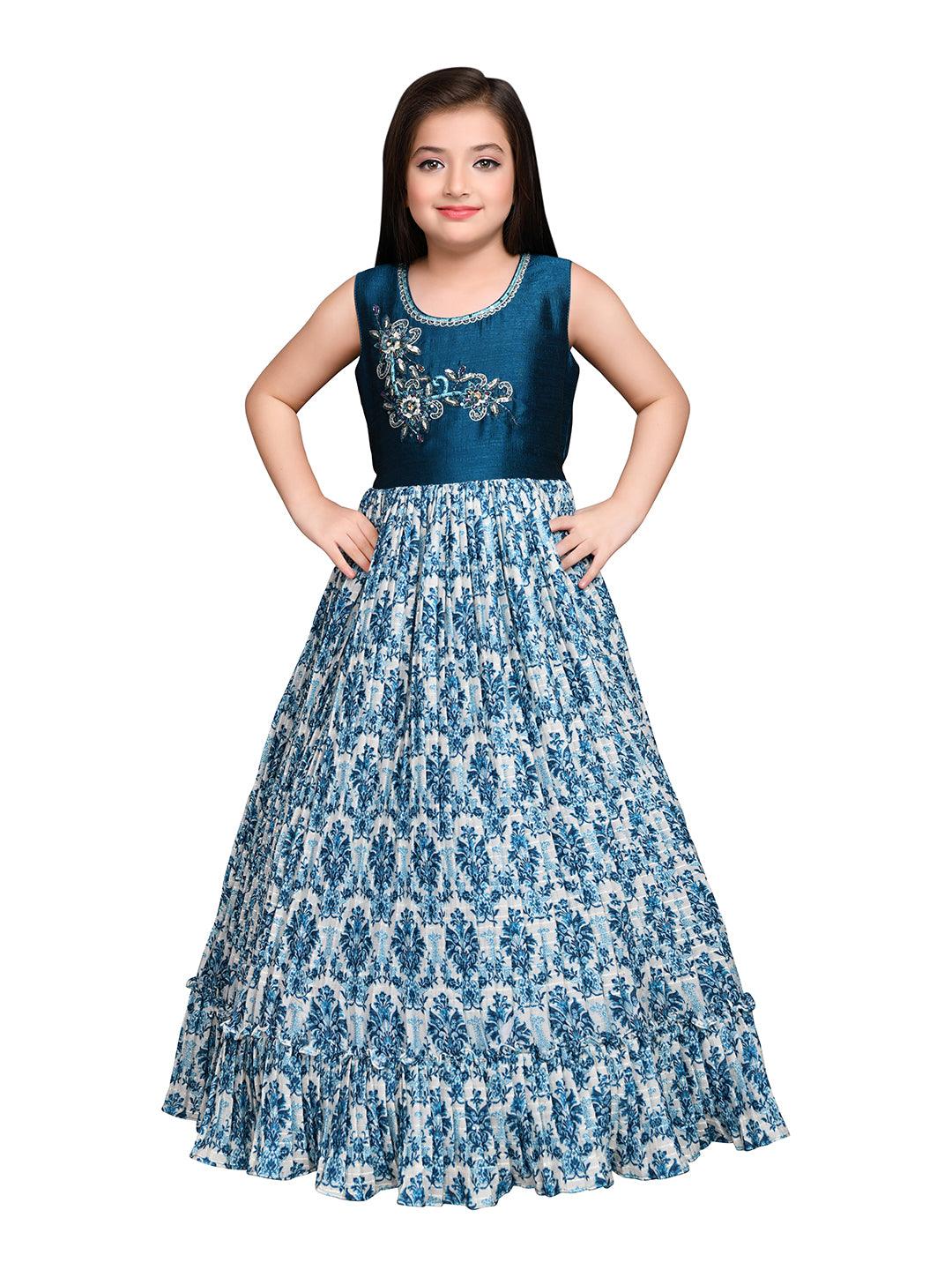 Peacock Blue Coloured Ethnic Maxi Dress Gown For Girls - Betty Ethnic India - Gown - Betty Girls Wear Online