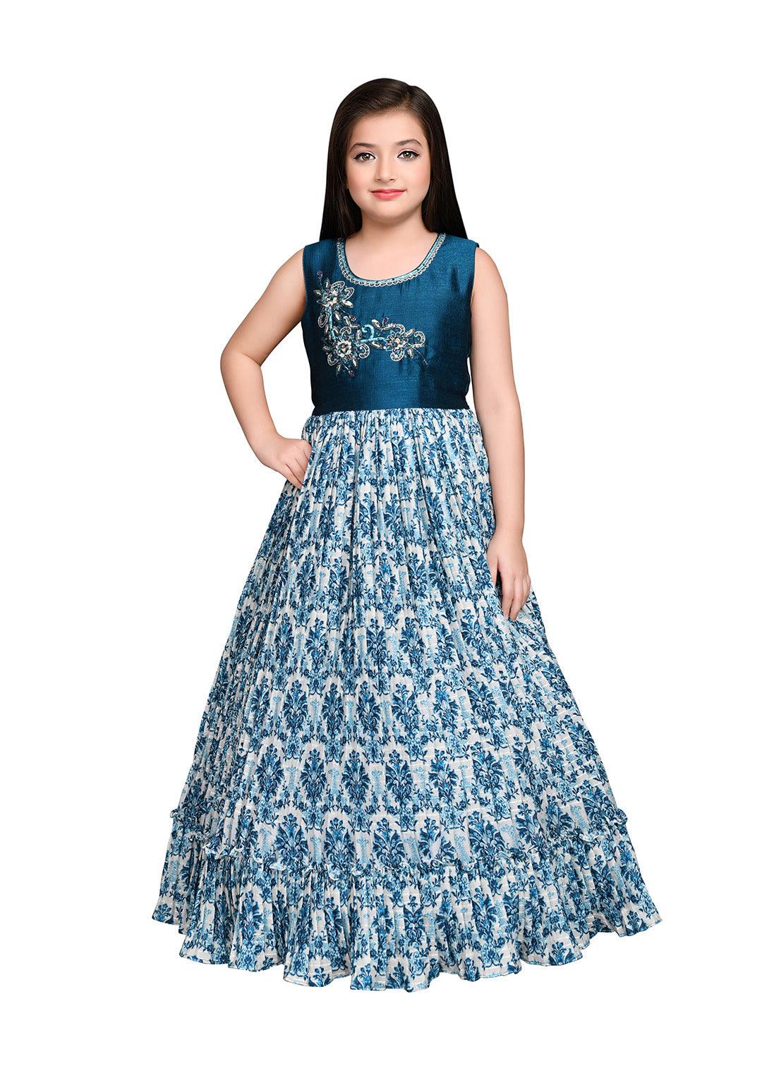 Peacock Blue Coloured Ethnic Maxi Dress Gown For Girls - Betty Ethnic India - Gown - Betty Girls Wear Online