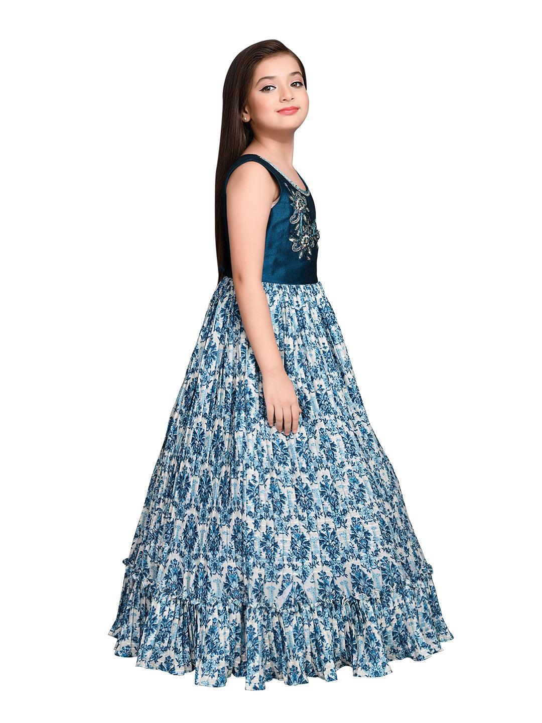 Peacock Blue Coloured Ethnic Maxi Dress Gown For Girls - Betty Ethnic India - Gown - Betty Girls Wear Online