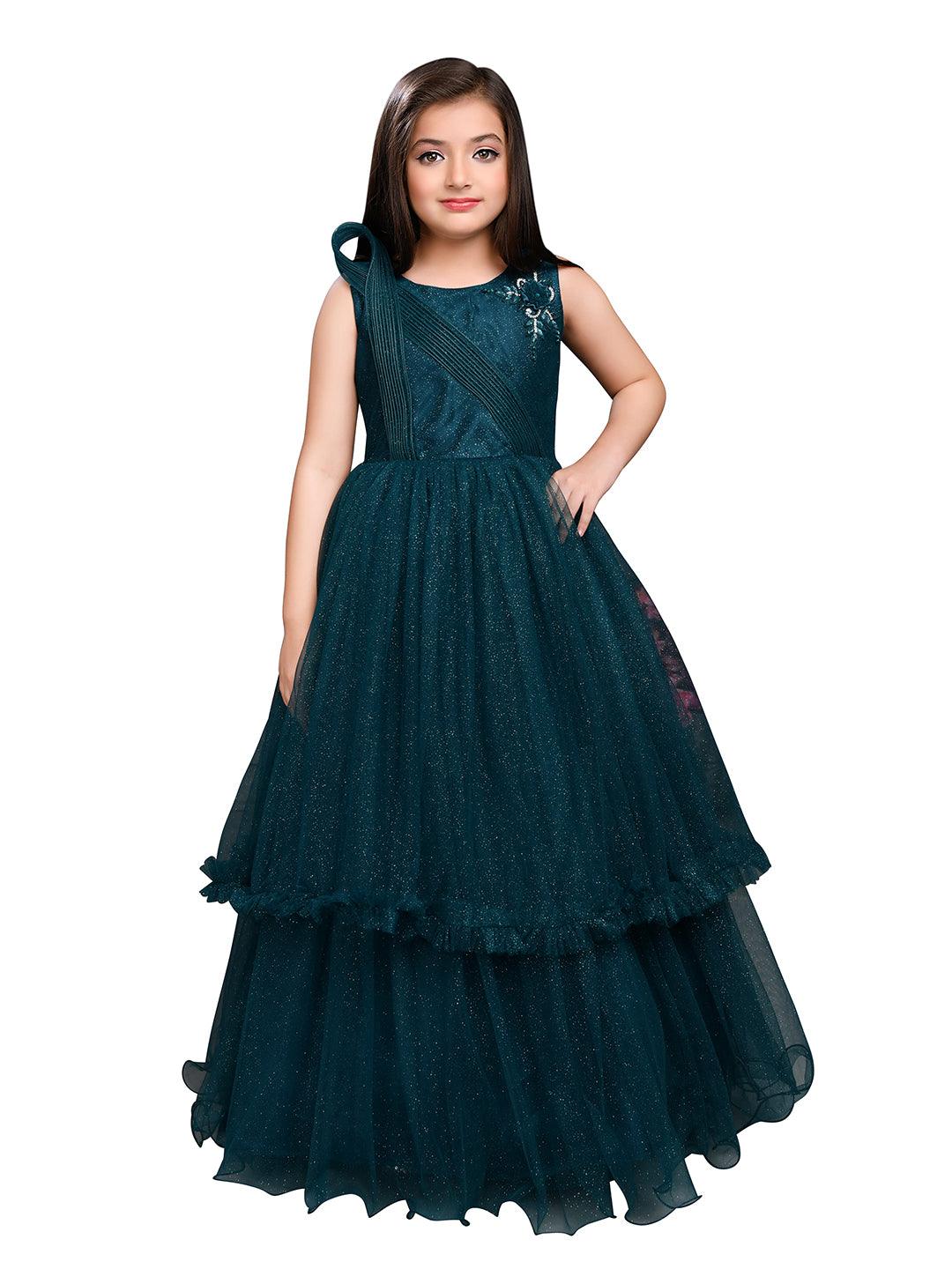 Peacock Blue Coloured Wire Styled Net Maxi Dress Gown For Girls - Betty Ethnic India - Gown - Betty Girls Wear Online