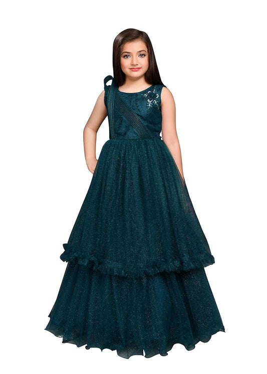 Peacock Blue Coloured Wire Styled Net Maxi Dress Gown For Girls - Betty Ethnic India - Gown - Betty Girls Wear Online
