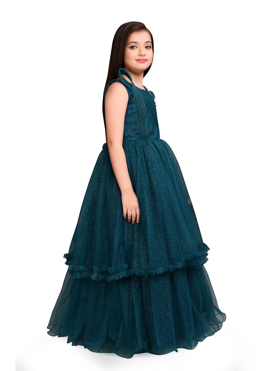 Peacock Blue Coloured Wire Styled Net Maxi Dress Gown For Girls - Betty Ethnic India - Gown - Betty Girls Wear Online