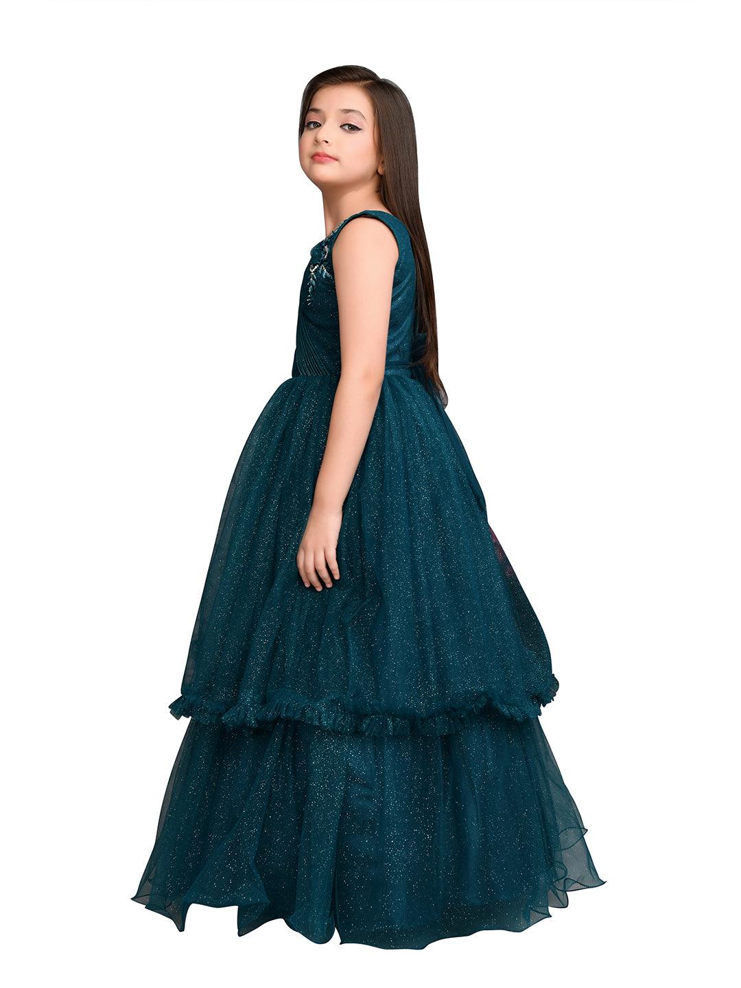 Peacock Blue Coloured Wire Styled Net Maxi Dress Gown For Girls - Betty Ethnic India - Gown - Betty Girls Wear Online