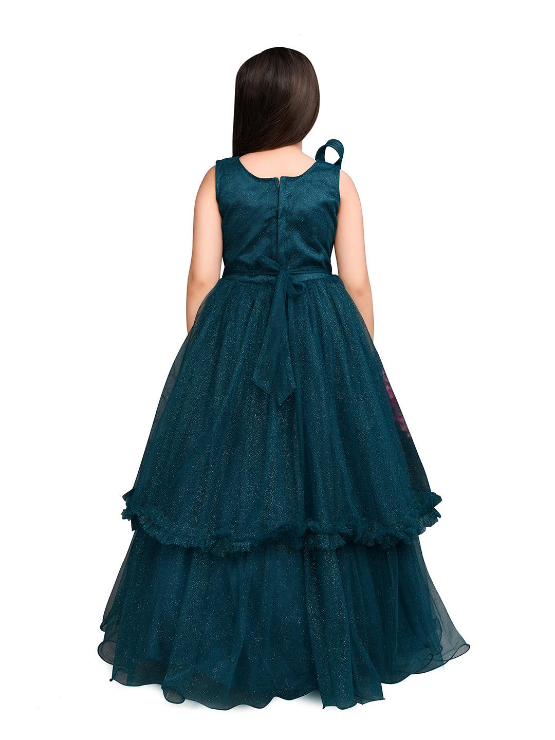 Peacock Blue Coloured Wire Styled Net Maxi Dress Gown For Girls - Betty Ethnic India - Gown - Betty Girls Wear Online