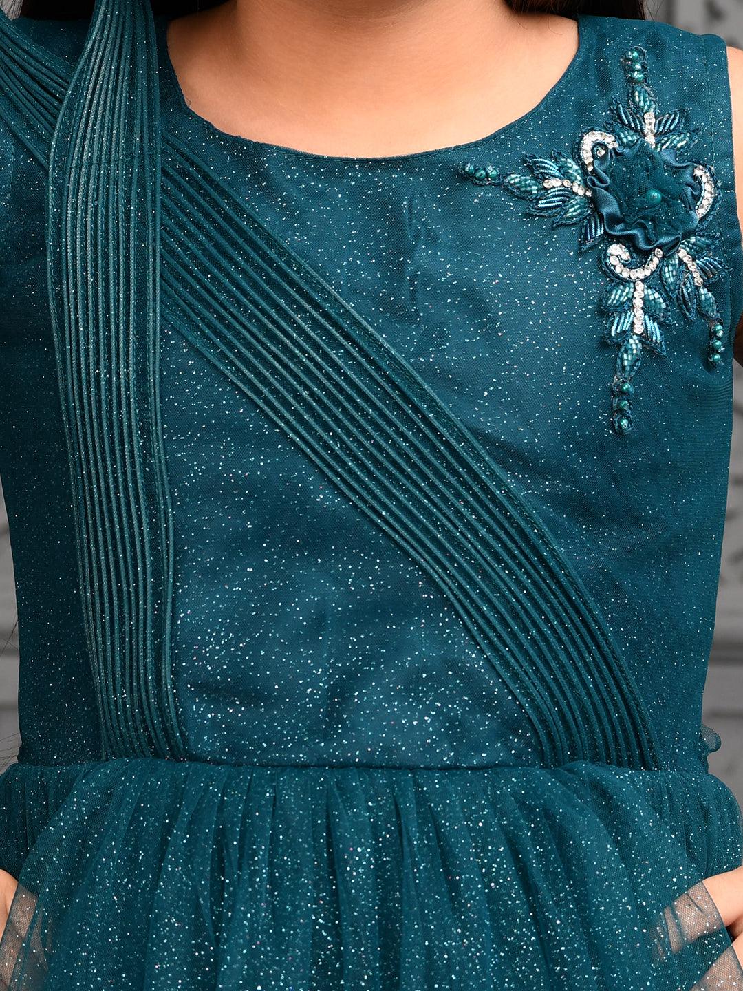 Peacock Blue Coloured Wire Styled Net Maxi Dress Gown For Girls - Betty Ethnic India - Gown - Betty Girls Wear Online