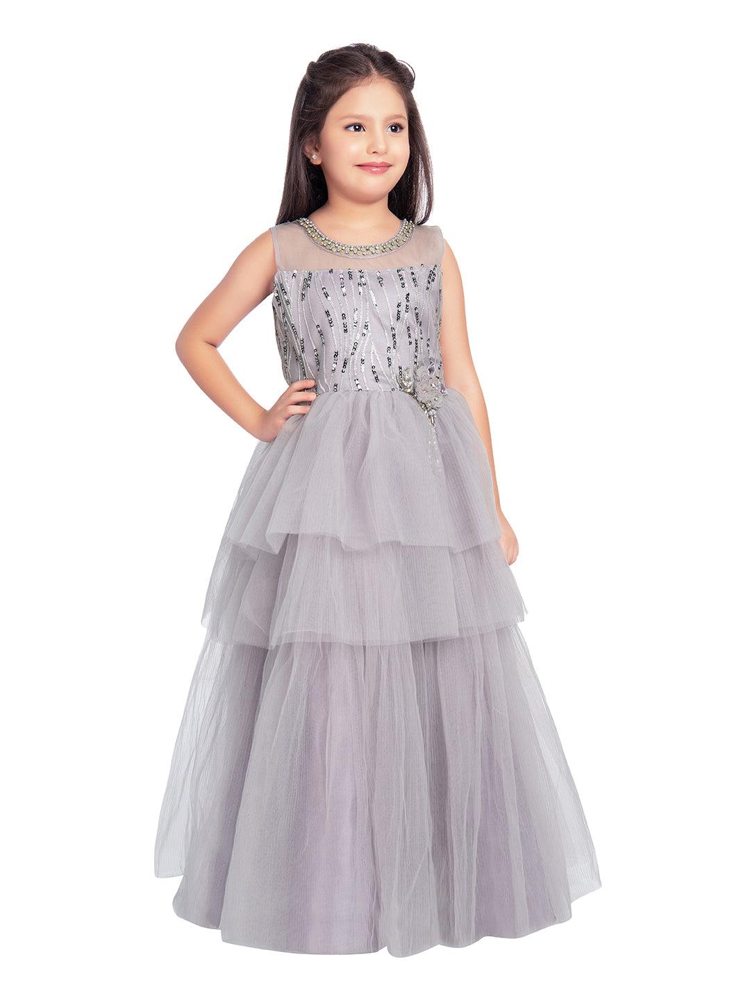 Lilac Coloured Embellished Imported Net Frill Style Gown For Girls - Betty Ethnic India - Gown - Betty Girls Wear Online