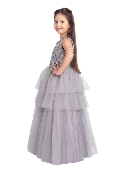 Lilac Coloured Embellished Imported Net Frill Style Gown For Girls - Betty Ethnic India - Gown - Betty Girls Wear Online