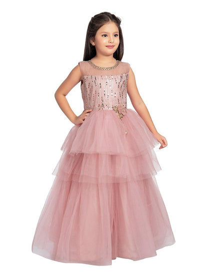 Coral Embellished Imported Net Frill Style Gown For Girls - Betty Ethnic India - Gown - Betty Girls Wear Online