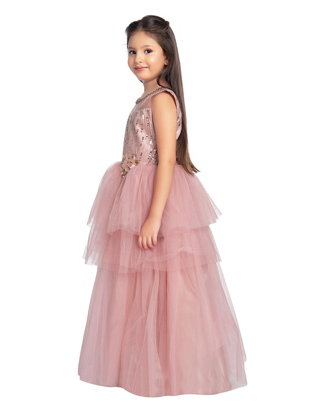 Coral Embellished Imported Net Frill Style Gown For Girls - Betty Ethnic India - Gown - Betty Girls Wear Online