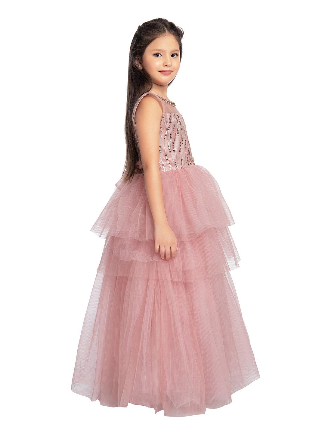 Coral Embellished Imported Net Frill Style Gown For Girls - Betty Ethnic India - Gown - Betty Girls Wear Online