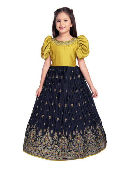 Mustard & Navy Blue Coloured Floral Embroidered Satin Puff Sleeves Styled Gown For Girls - Betty Ethnic India - Gown - Betty Girls Wear Online