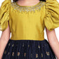 Mustard & Navy Blue Coloured Floral Embroidered Satin Puff Sleeves Styled Gown For Girls - Betty Ethnic India - Gown - Betty Girls Wear Online