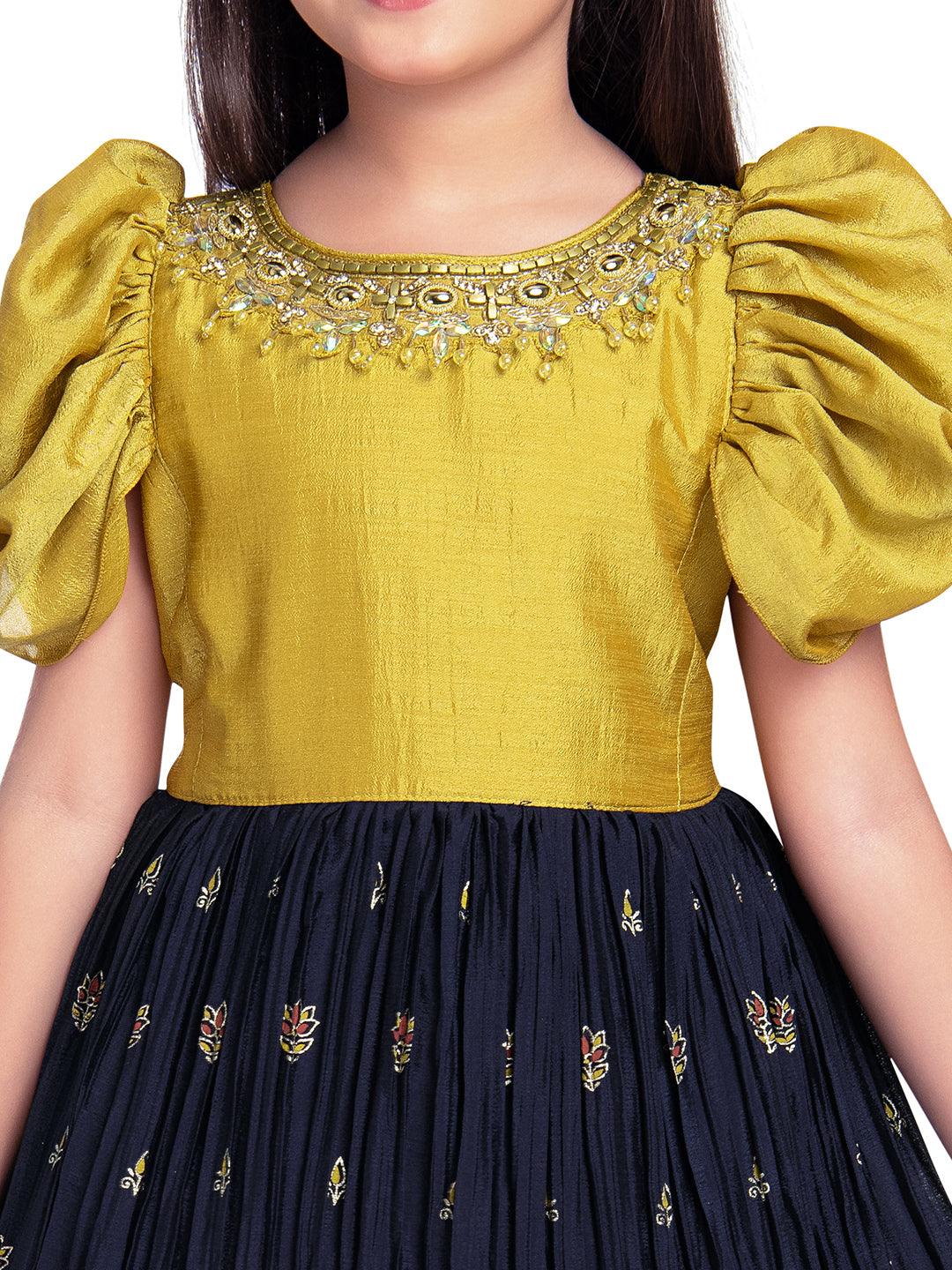 Mustard & Navy Blue Coloured Floral Embroidered Satin Puff Sleeves Styled Gown For Girls - Betty Ethnic India - Gown - Betty Girls Wear Online