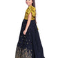 Mustard & Navy Blue Coloured Floral Embroidered Satin Puff Sleeves Styled Gown For Girls - Betty Ethnic India - Gown - Betty Girls Wear Online