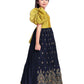 Mustard & Navy Blue Coloured Floral Embroidered Satin Puff Sleeves Styled Gown For Girls - Betty Ethnic India - Gown - Betty Girls Wear Online