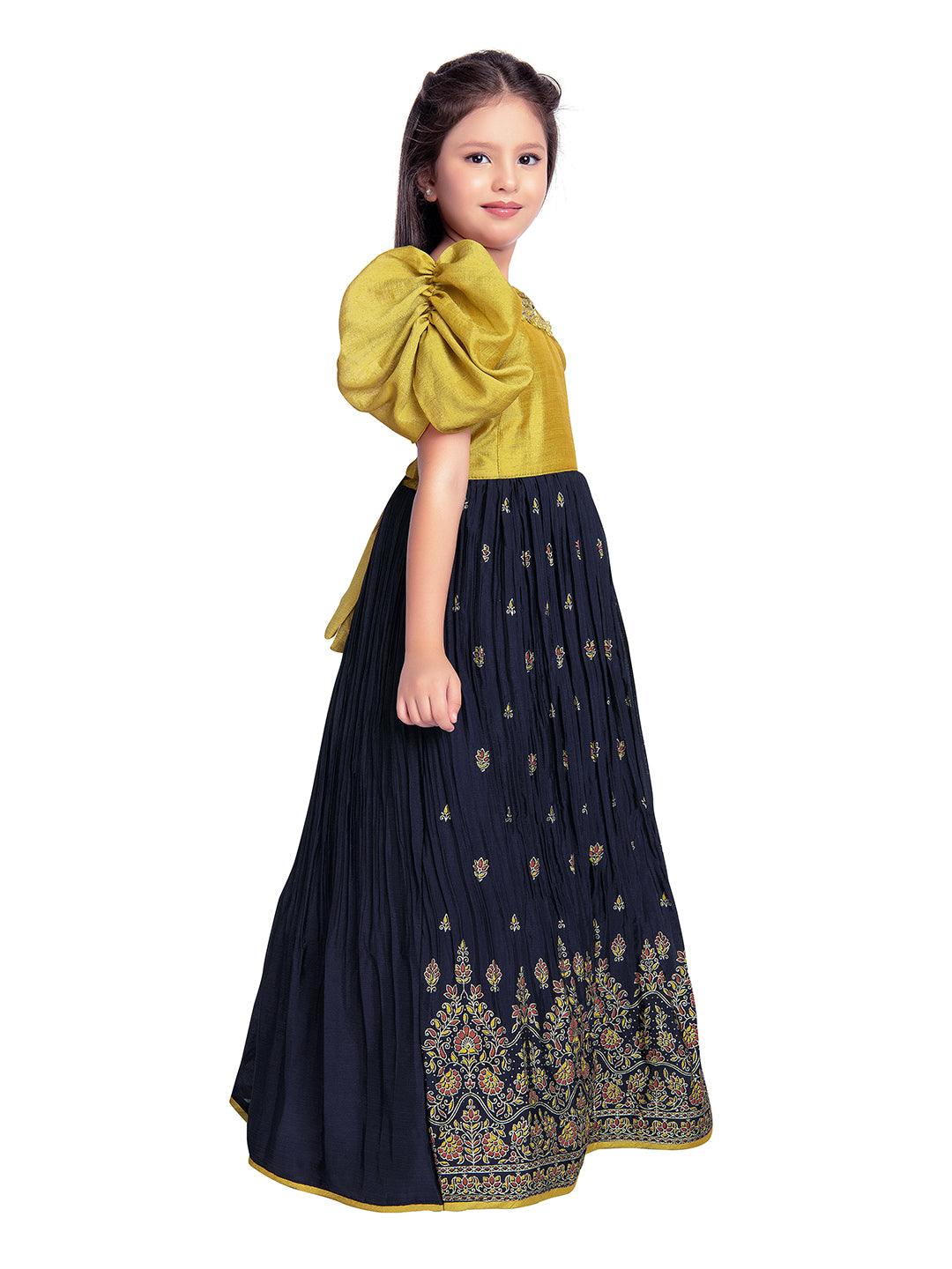 Mustard & Navy Blue Coloured Floral Embroidered Satin Puff Sleeves Styled Gown For Girls - Betty Ethnic India - Gown - Betty Girls Wear Online
