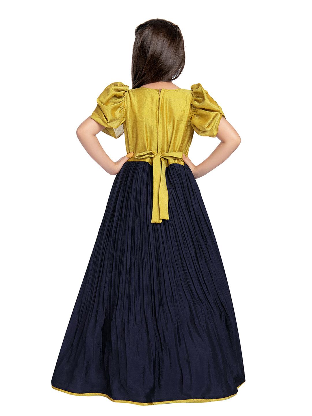 Mustard & Navy Blue Coloured Floral Embroidered Satin Puff Sleeves Styled Gown For Girls - Betty Ethnic India - Gown - Betty Girls Wear Online