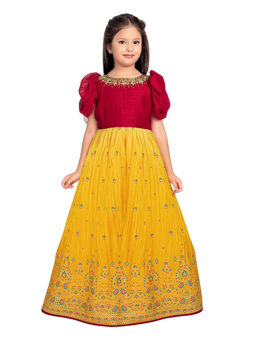 Lemon & Cherry Red Coloured Floral Embroidered Satin Puff Sleeves Styled Gown For Girls - Betty Ethnic India - Gown - Betty Girls Wear Online