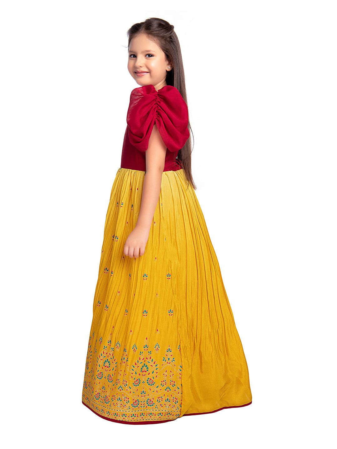 Lemon & Cherry Red Coloured Floral Embroidered Satin Puff Sleeves Styled Gown For Girls - Betty Ethnic India - Gown - Betty Girls Wear Online