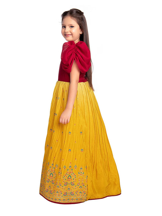 Lemon & Cherry Red Coloured Floral Embroidered Satin Puff Sleeves Styled Gown For Girls - Betty Ethnic India - Gown - Betty Girls Wear Online