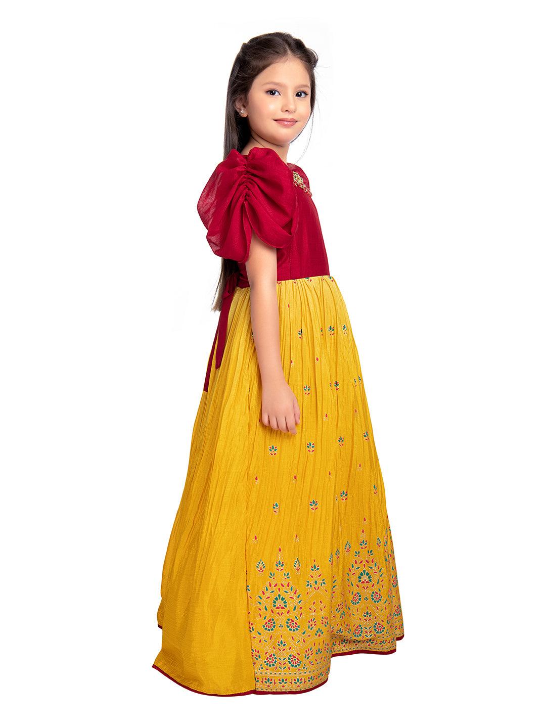 Lemon & Cherry Red Coloured Floral Embroidered Satin Puff Sleeves Styled Gown For Girls - Betty Ethnic India - Gown - Betty Girls Wear Online