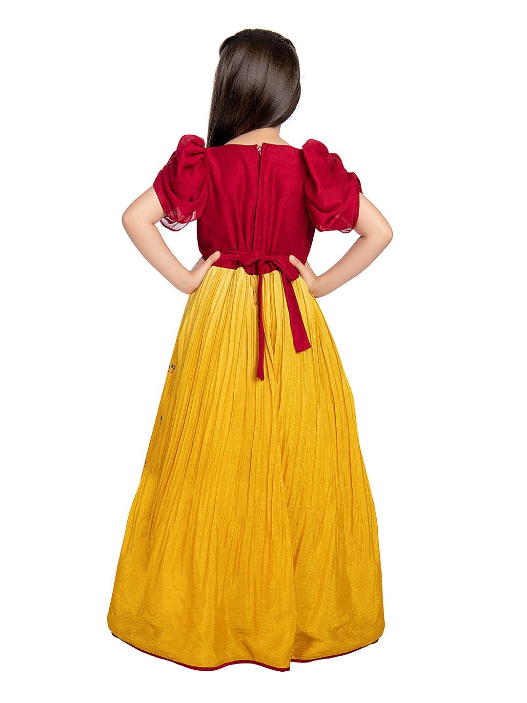 Lemon & Cherry Red Coloured Floral Embroidered Satin Puff Sleeves Styled Gown For Girls - Betty Ethnic India - Gown - Betty Girls Wear Online