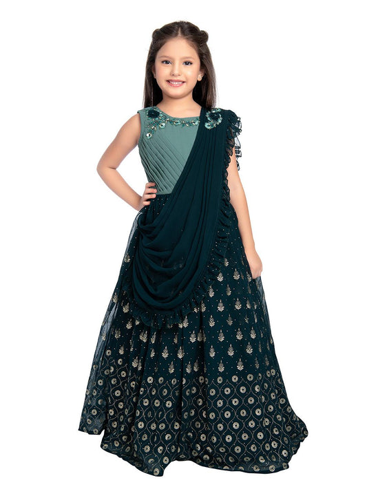 Peacock Blue Coloured Georgette Saree Styled Gown For Girls - Betty Ethnic India - Gown - Betty Girls Wear Online