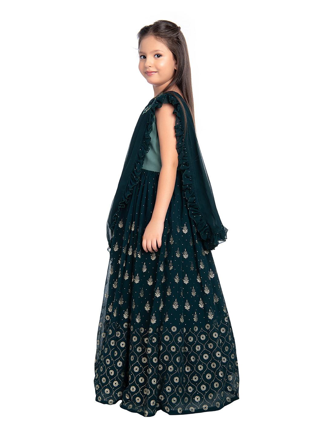 Peacock Blue Coloured Georgette Saree Styled Gown For Girls - Betty Ethnic India - Gown - Betty Girls Wear Online