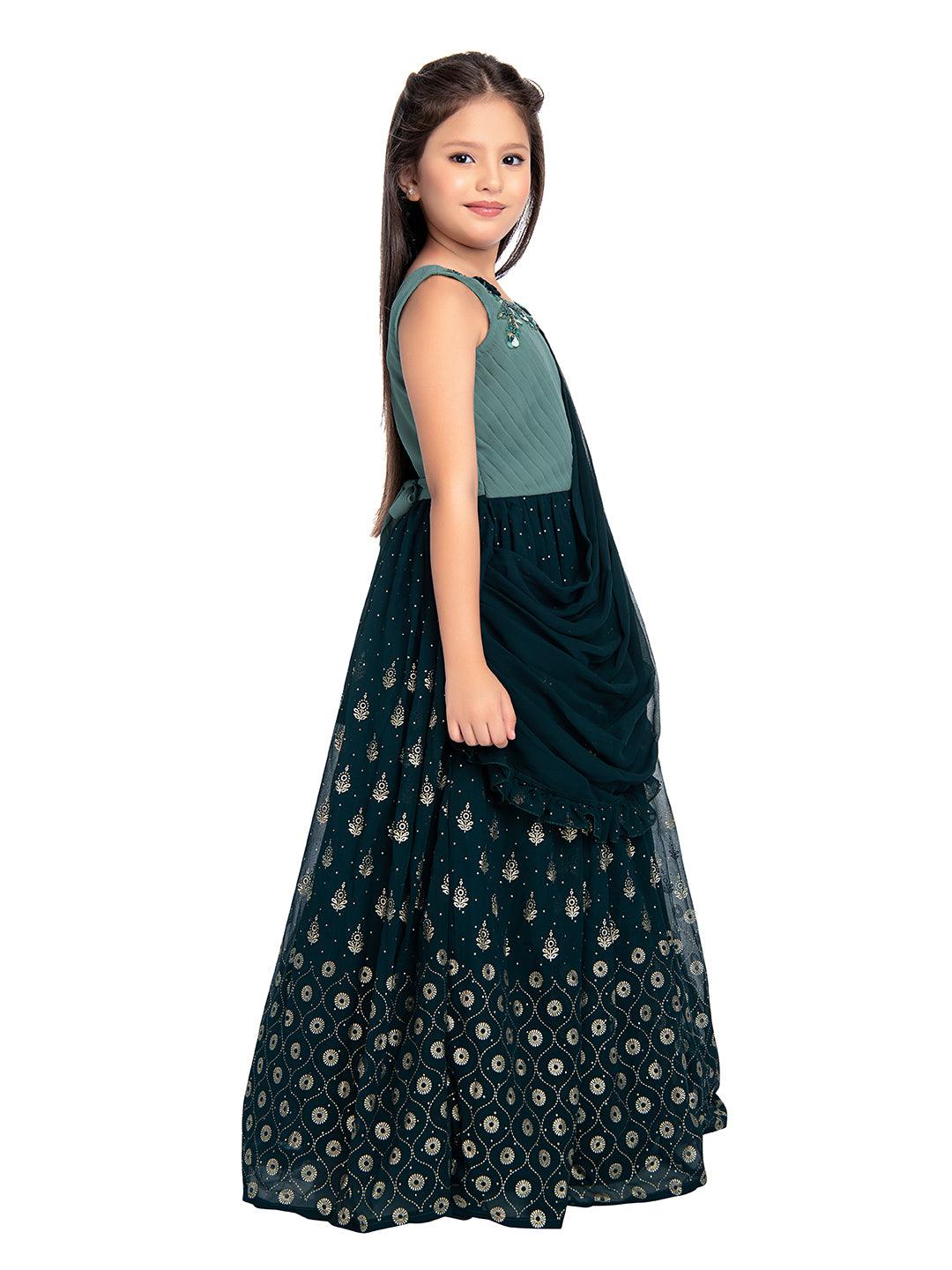 Peacock Blue Coloured Georgette Saree Styled Gown For Girls - Betty Ethnic India - Gown - Betty Girls Wear Online