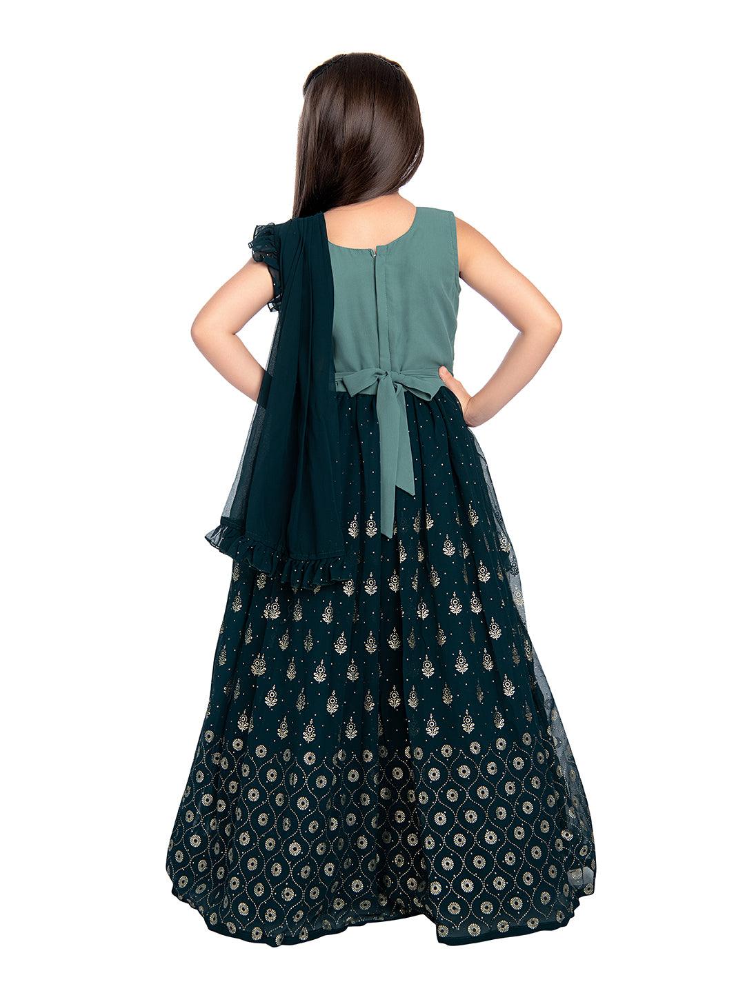 Peacock Blue Coloured Georgette Saree Styled Gown For Girls - Betty Ethnic India - Gown - Betty Girls Wear Online