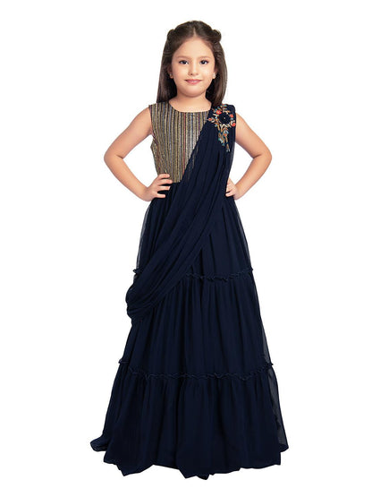 Navy Blue Coloured Embroidered Georgette Saree Style Dupatta Gown For Girls - Betty Ethnic India - Gown - Betty Girls Wear Online