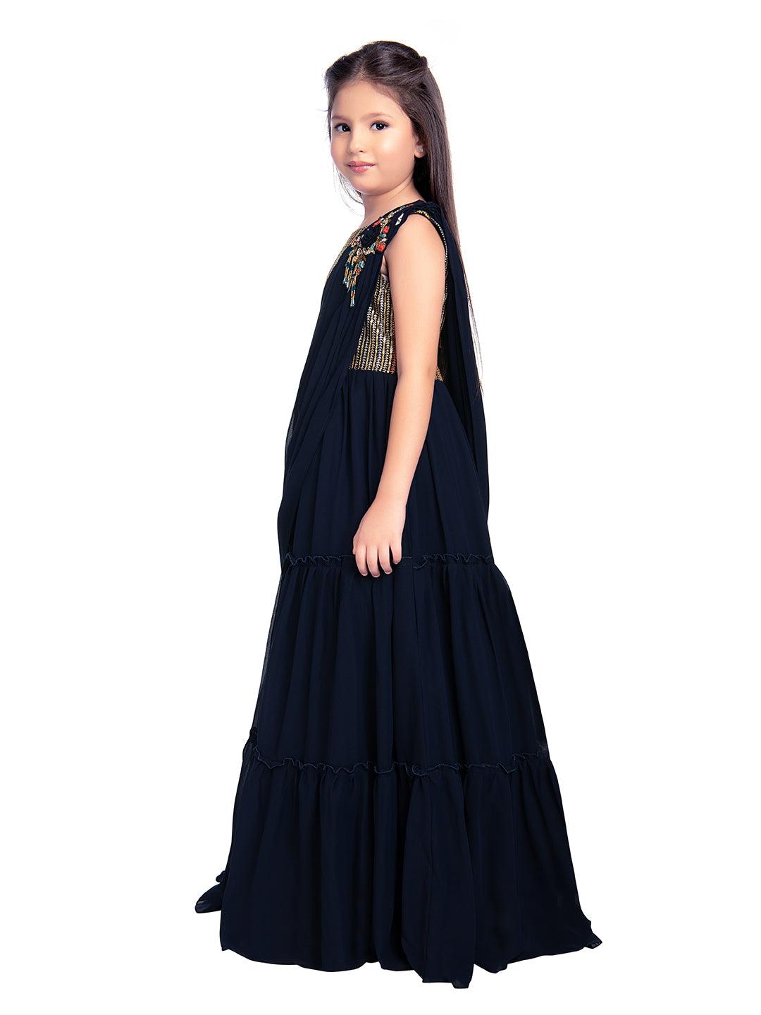 Navy Blue Coloured Embroidered Georgette Saree Style Dupatta Gown For Girls - Betty Ethnic India - Gown - Betty Girls Wear Online