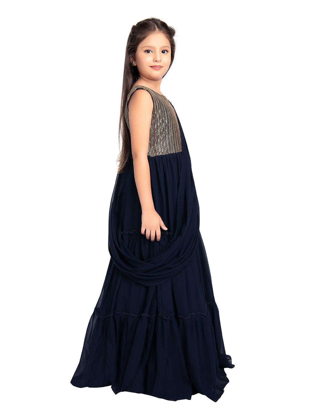 Navy Blue Coloured Embroidered Georgette Saree Style Dupatta Gown For Girls - Betty Ethnic India - Gown - Betty Girls Wear Online