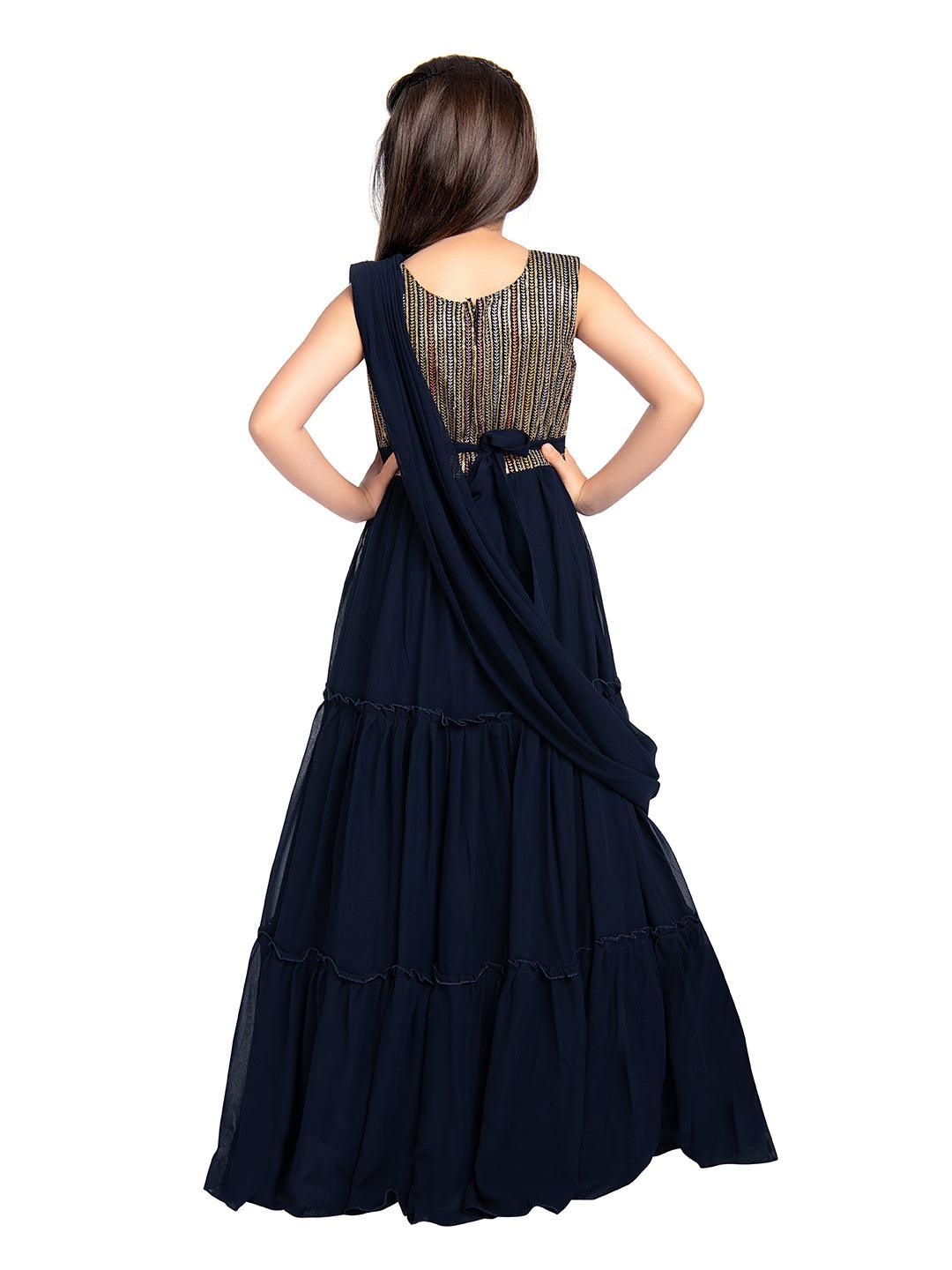 Navy Blue Coloured Embroidered Georgette Saree Style Dupatta Gown For Girls - Betty Ethnic India - Gown - Betty Girls Wear Online