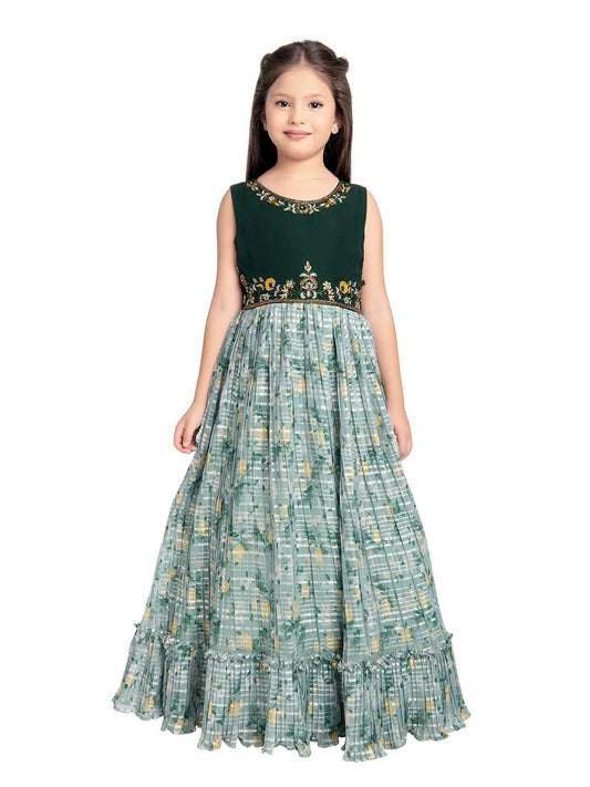 Green Floral Satin Gown For Girls - Betty Ethnic India - Gown - Betty Girls Wear Online