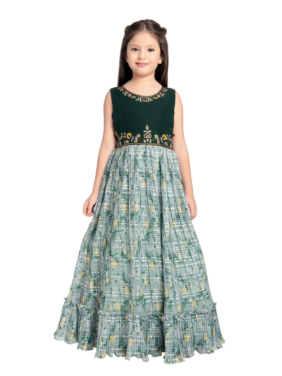 Green Floral Satin Gown For Girls - Betty Ethnic India - Gown - Betty Girls Wear Online