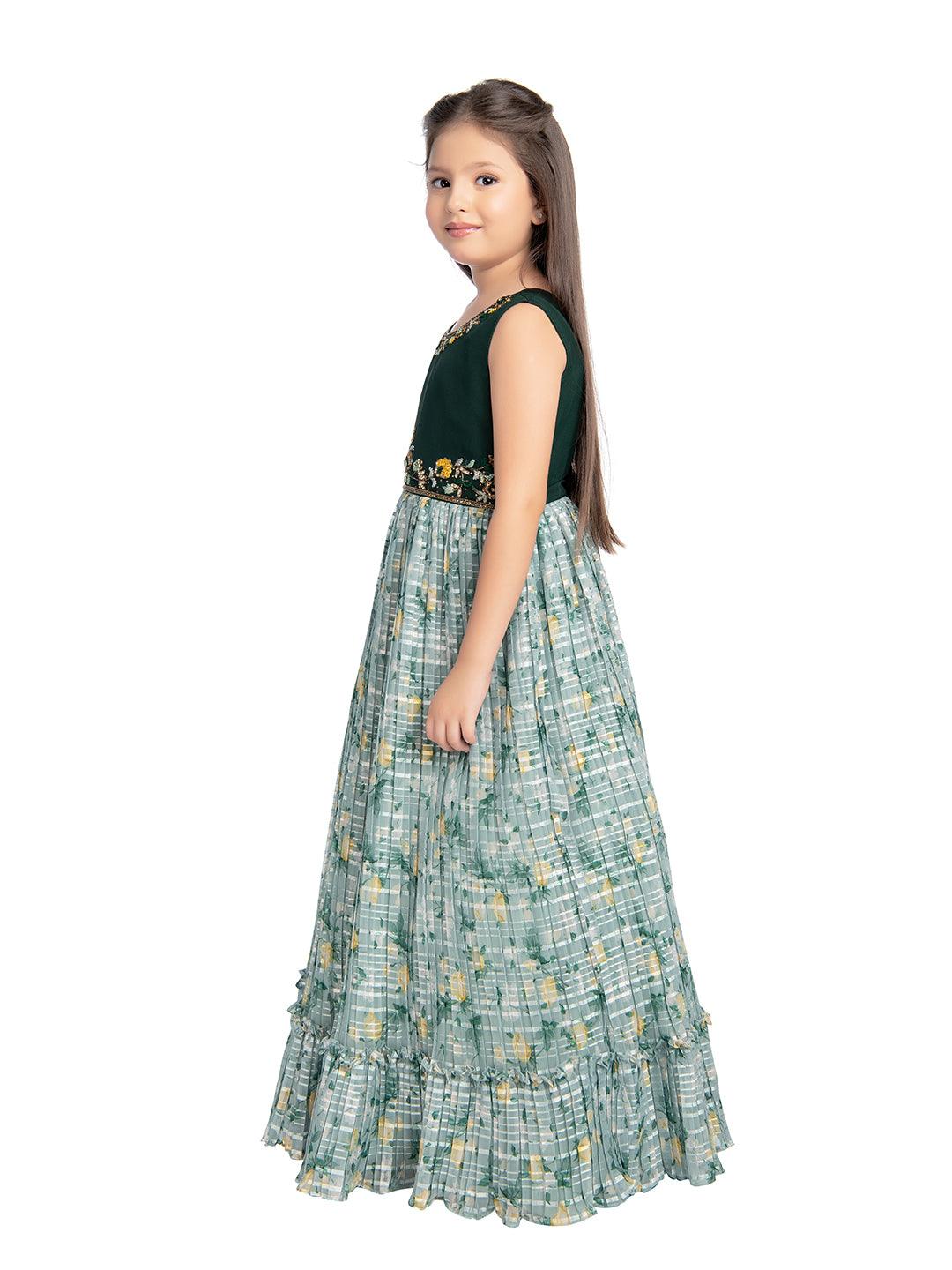 Green Floral Satin Gown For Girls - Betty Ethnic India - Gown - Betty Girls Wear Online