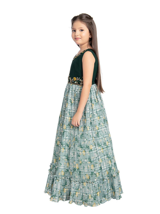 Green Floral Satin Gown For Girls - Betty Ethnic India - Gown - Betty Girls Wear Online