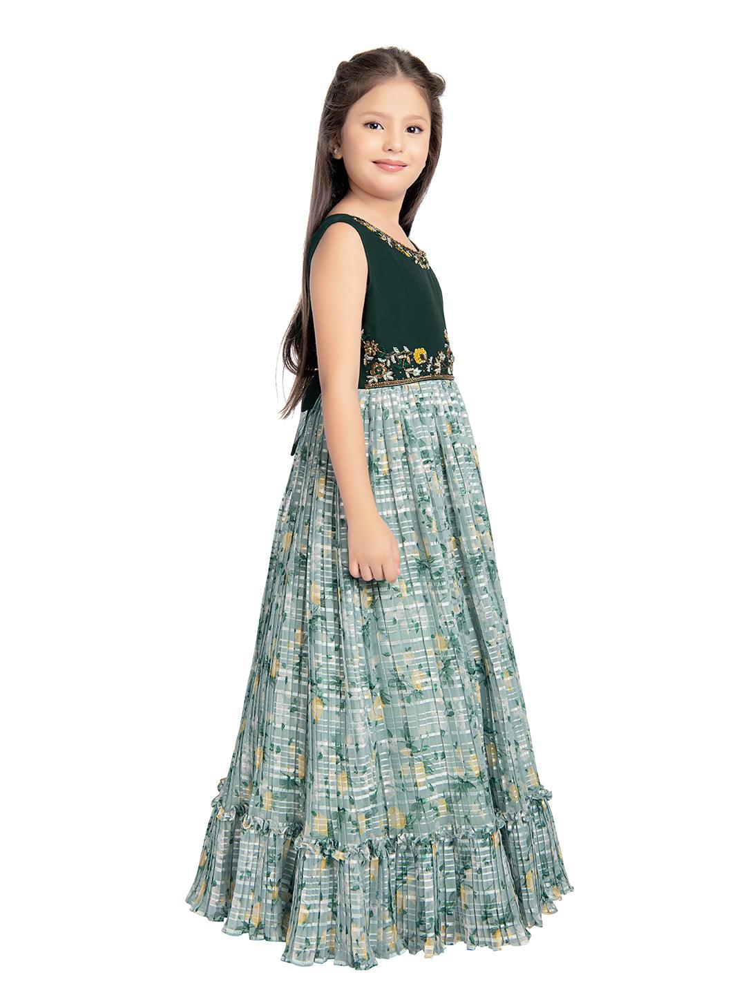 Green Floral Satin Gown For Girls - Betty Ethnic India - Gown - Betty Girls Wear Online