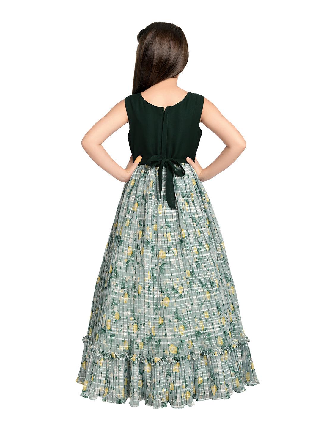 Green Floral Satin Gown For Girls - Betty Ethnic India - Gown - Betty Girls Wear Online