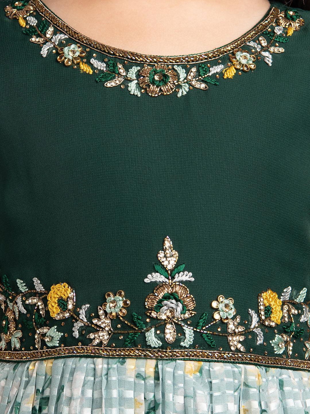 Green Floral Satin Gown For Girls - Betty Ethnic India - Gown - Betty Girls Wear Online