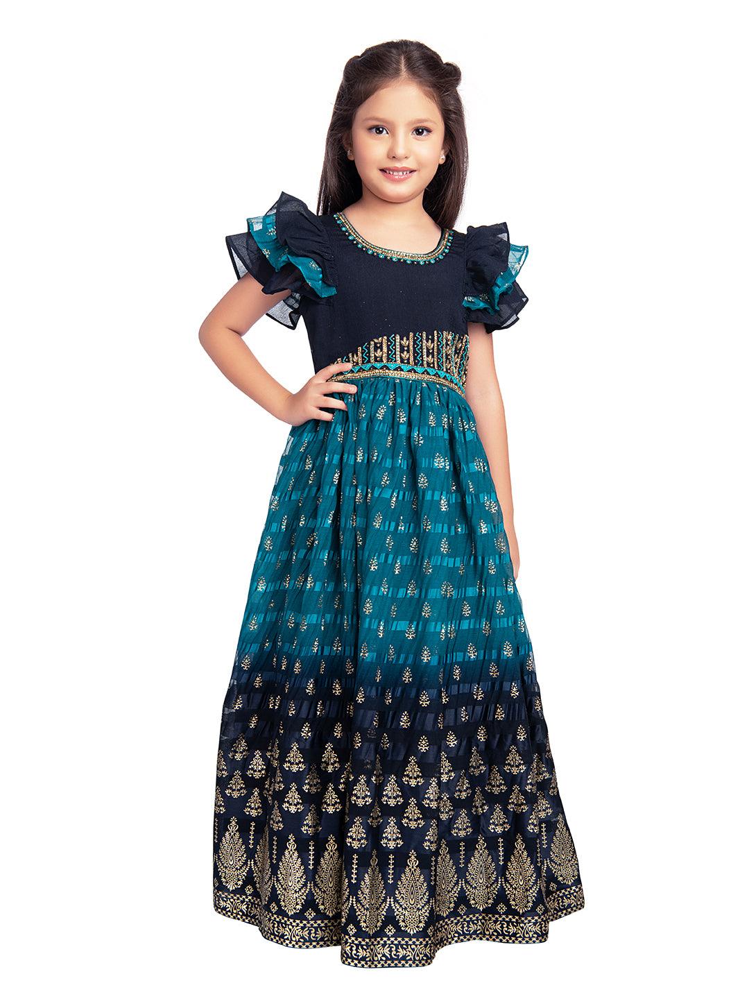 Navy Blue Coloured Hand Embroidery Flutter Sleeves Style Gown For Girls - Betty Ethnic India - Gown - Betty Girls Wear Online